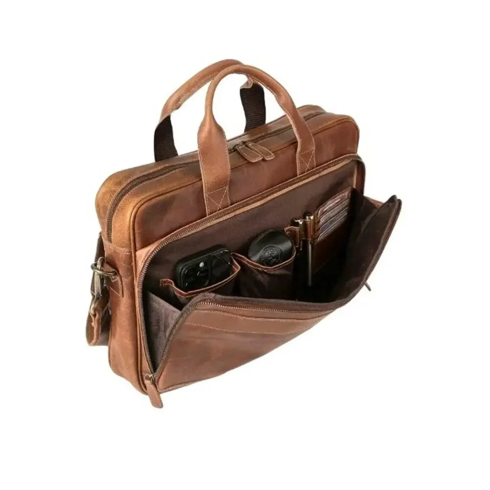 KomalC Vintage 18” Buffalo Leather Laptop Briefcase Office Bag Brown Brand New